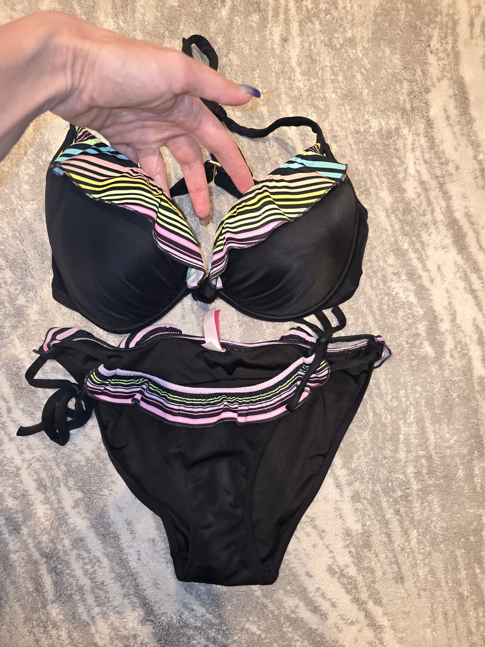 Black Women’s Pushup Two-Piece Bikini with Pastel Stripe Trim